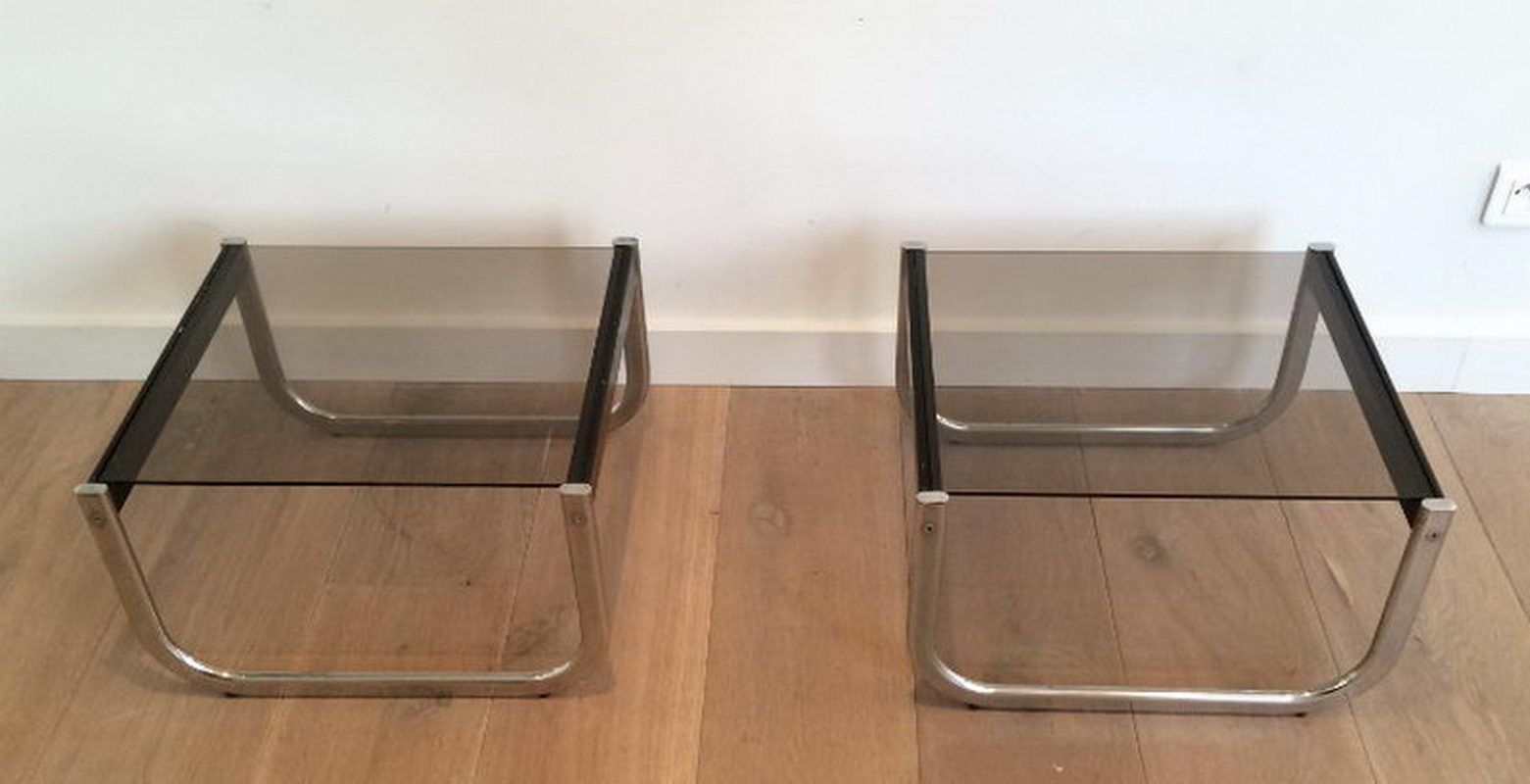 Pair of side tables in chrome, blackened wood and glass