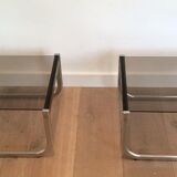 Pair of side tables in chrome, blackened wood and glass