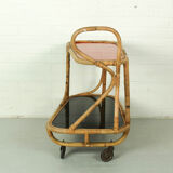 Bamboo Bar Cart Tea Trolley with black and red shelf, 1940s