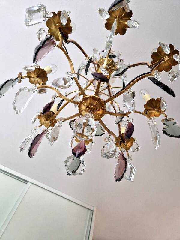 Brass cage chandelier and crystal pendants with 8 lights and 79 pendants