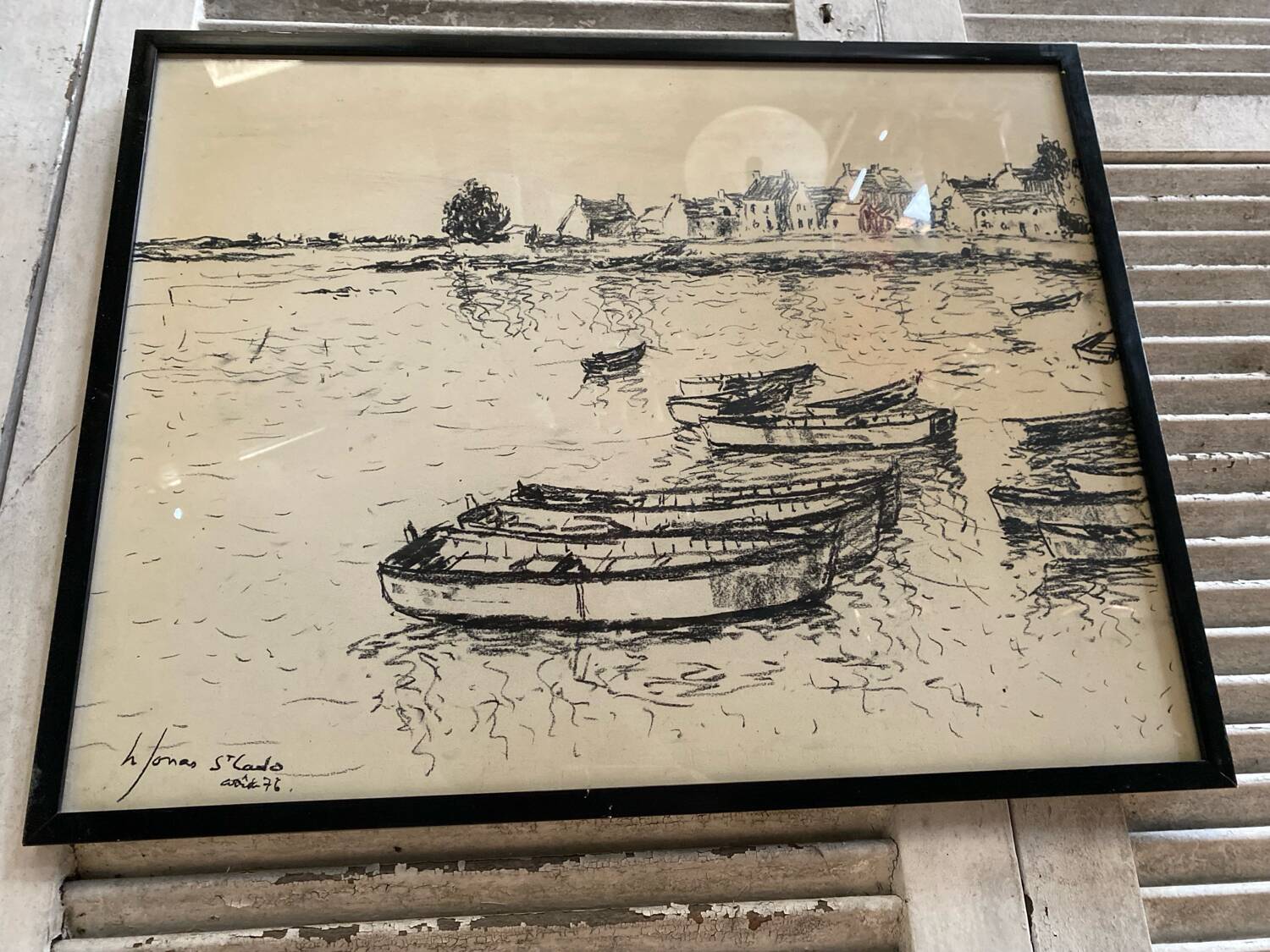 Old charcoal lithograph h. jonas st carlo august 76 + black wood frame