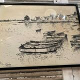 Ancienne lithographie fusain h. jonas st carlo août 76 + cadre bois noir