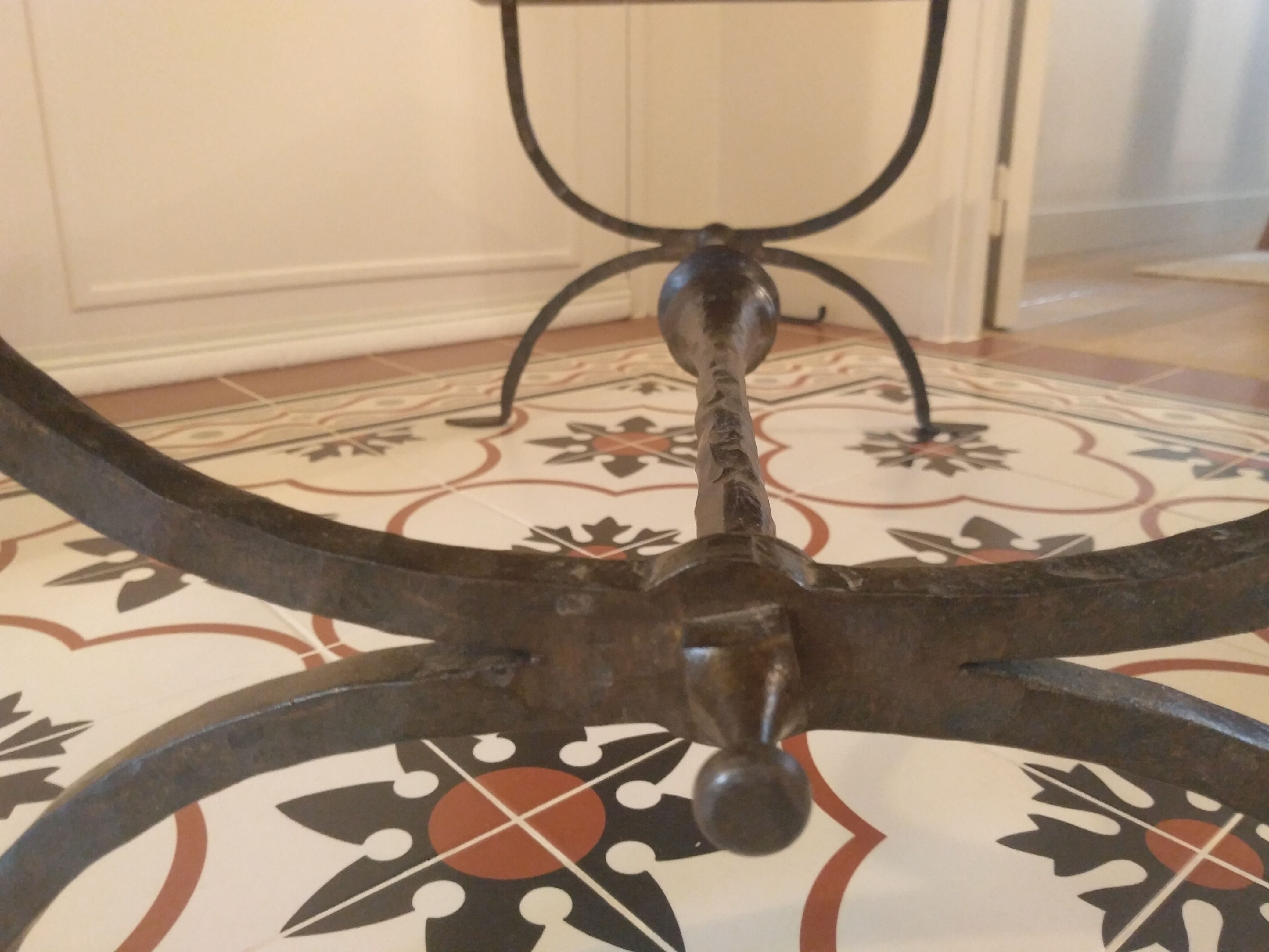 Coffee table, wooden top, wrought iron legs