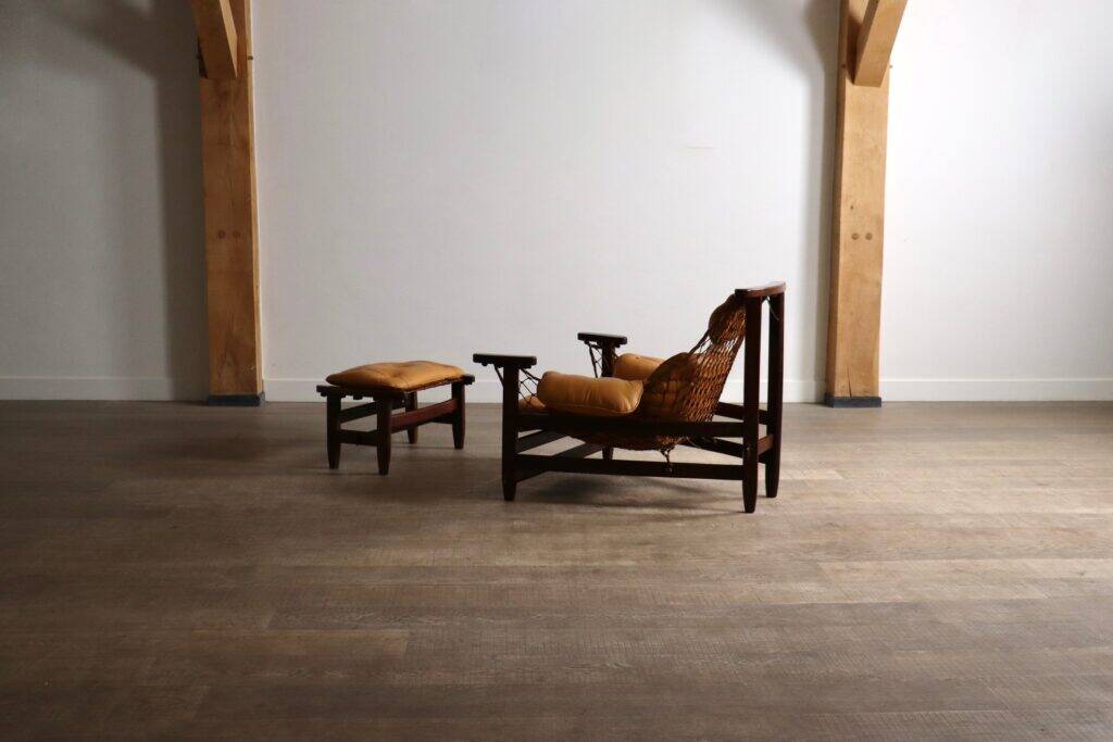 Jangada lounge chair with ottoman in cognac leather by Jean Gillon, Brazil, 1960s