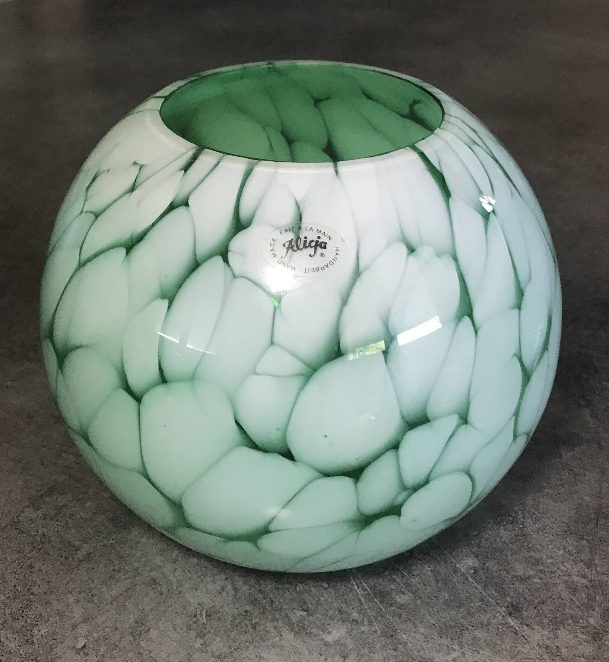 Vintage glass vase ball shape handmade alicja green and white