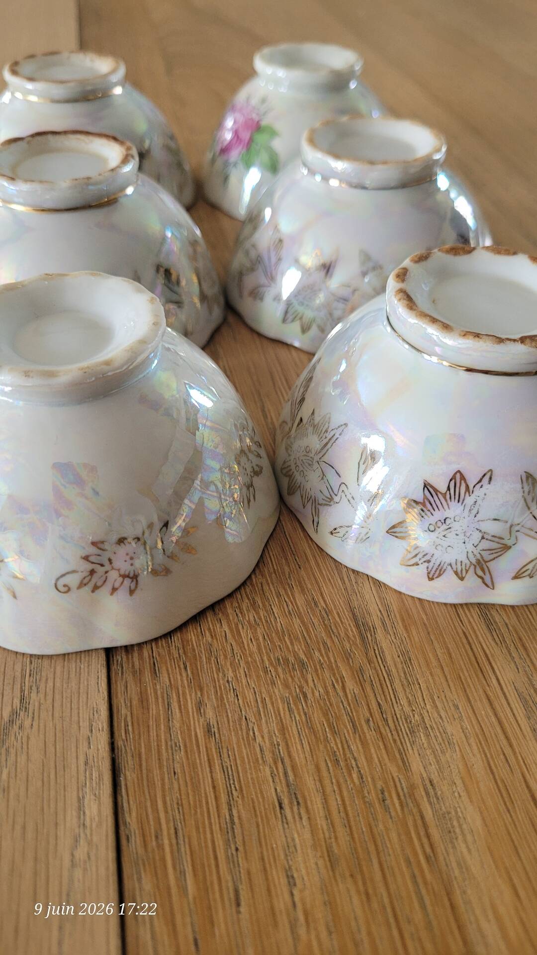 6 antique coffee cups in pearlescent porcelain