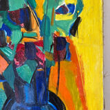 Bouquet of flowers in a blue vase, knife technique.