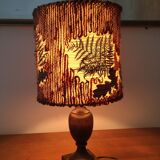 Vintage lamp with wooden base and wool and plant shade
