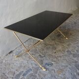 Rectangular coffee table in smoked glass and brass, animalist legs
