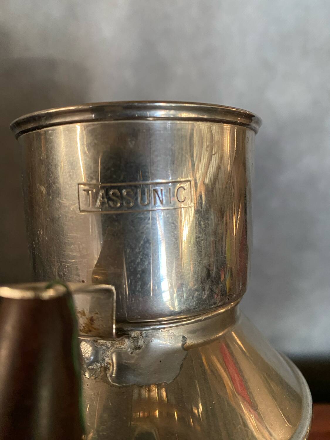 Antique TASSUNIC Teapot Silver Metal + Wooden Handle United France Vintage