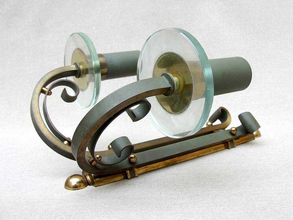 Pair of art deco lacquered metal, brass and glass wall lights