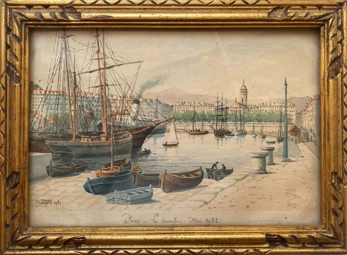 Tableau Aquarelle "Vieux Port de Nice" en 1921 signé Chamard + cadre