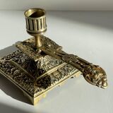Bougeoir à main bronze massif à motifs