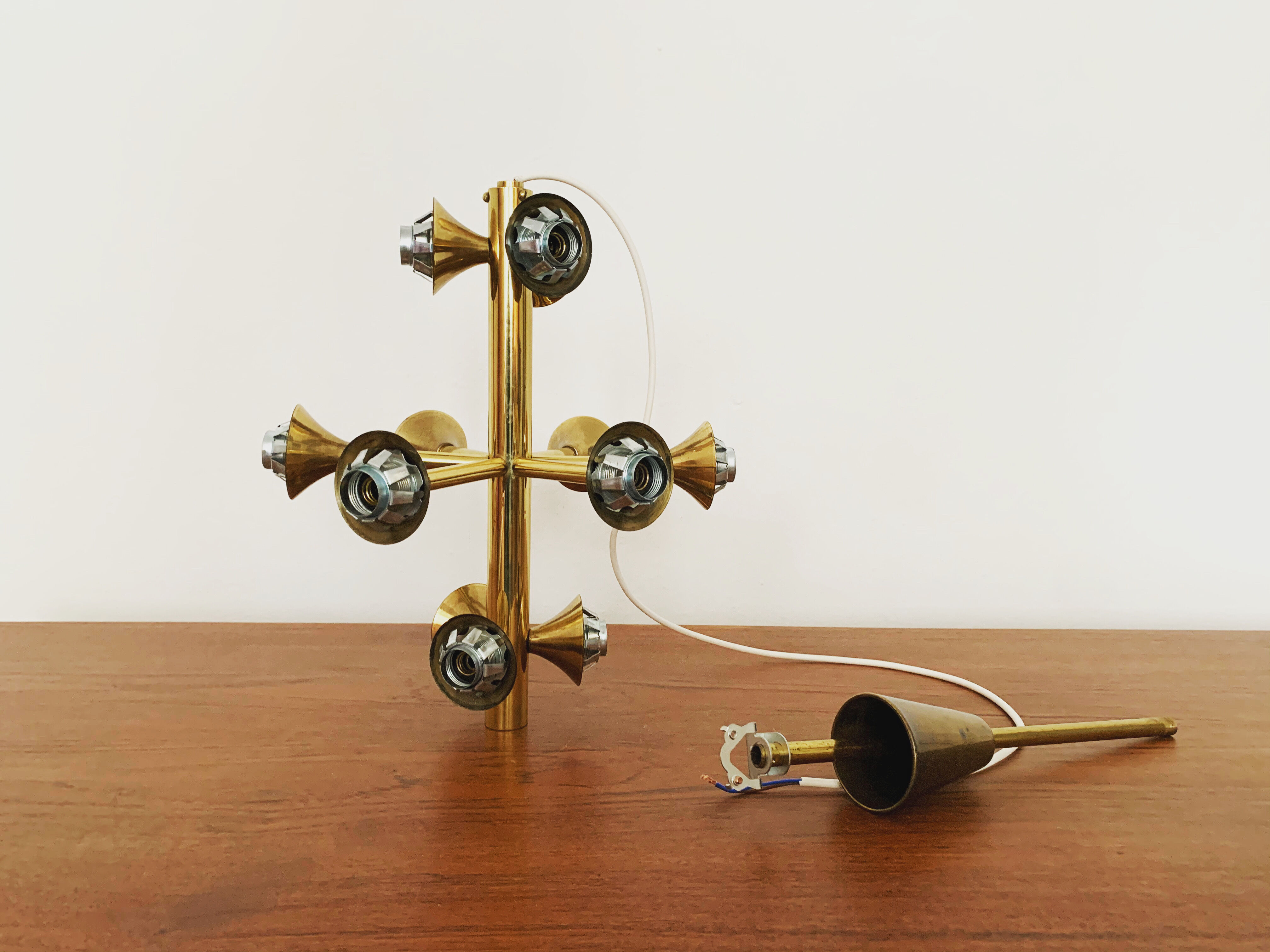 Mid-Century Modern brass and opaline glass Sputnik chandelier
