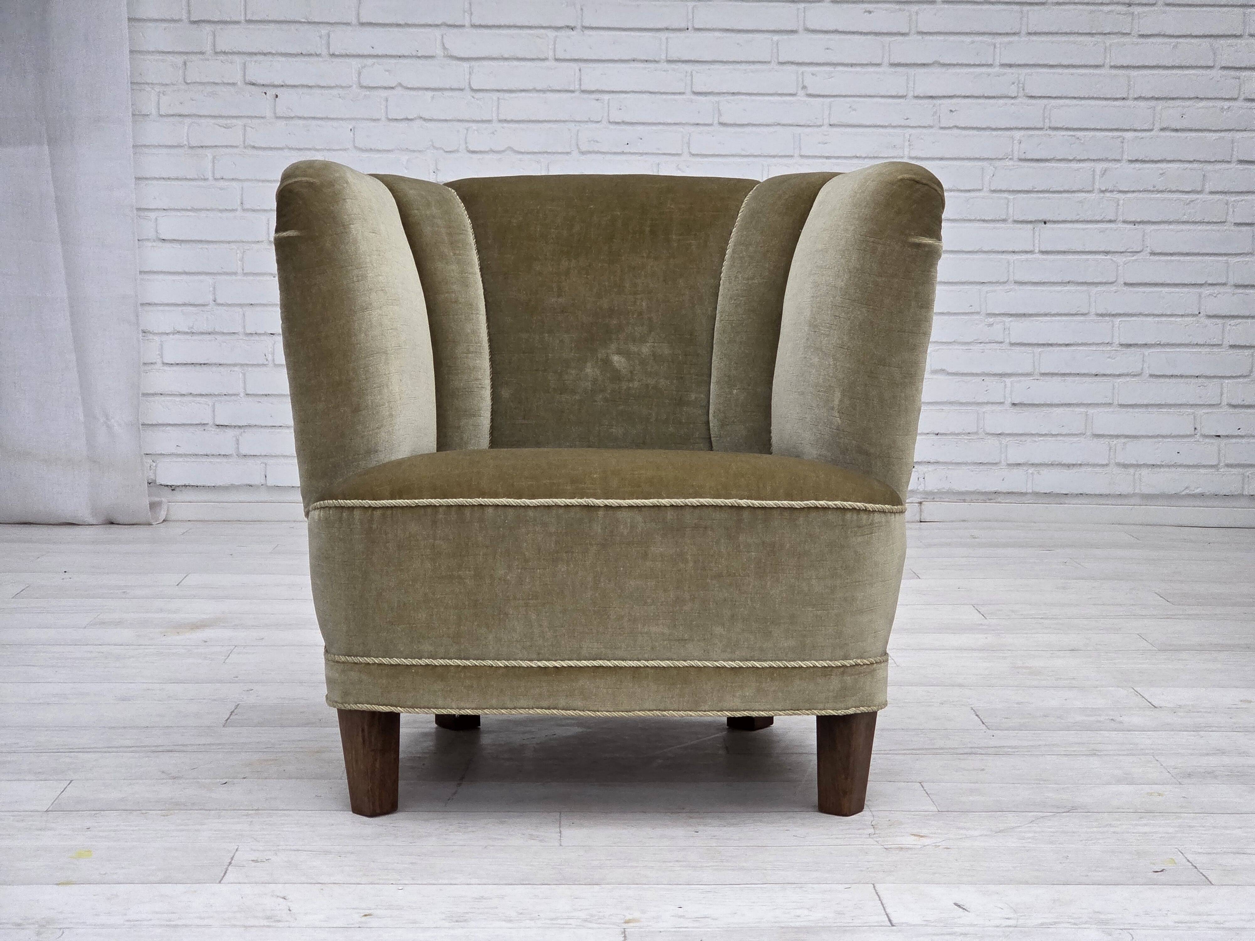 1970s, Danish armchair, original green furniture velour, oak wood.