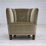 1970s, Danish armchair, original green furniture velour, oak wood.
