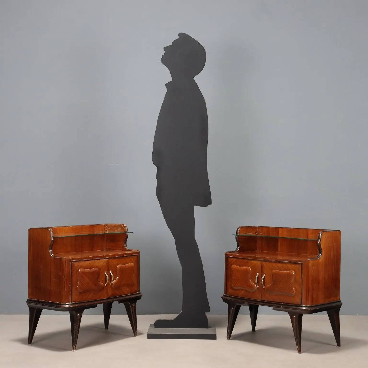 Pair of vintage bedside tables in exotic wood veneer, design, Italy, 1950s