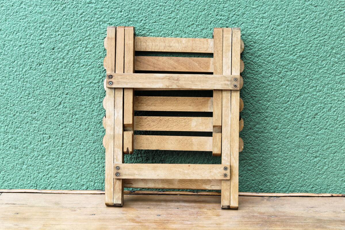 Folding slatted wood stool