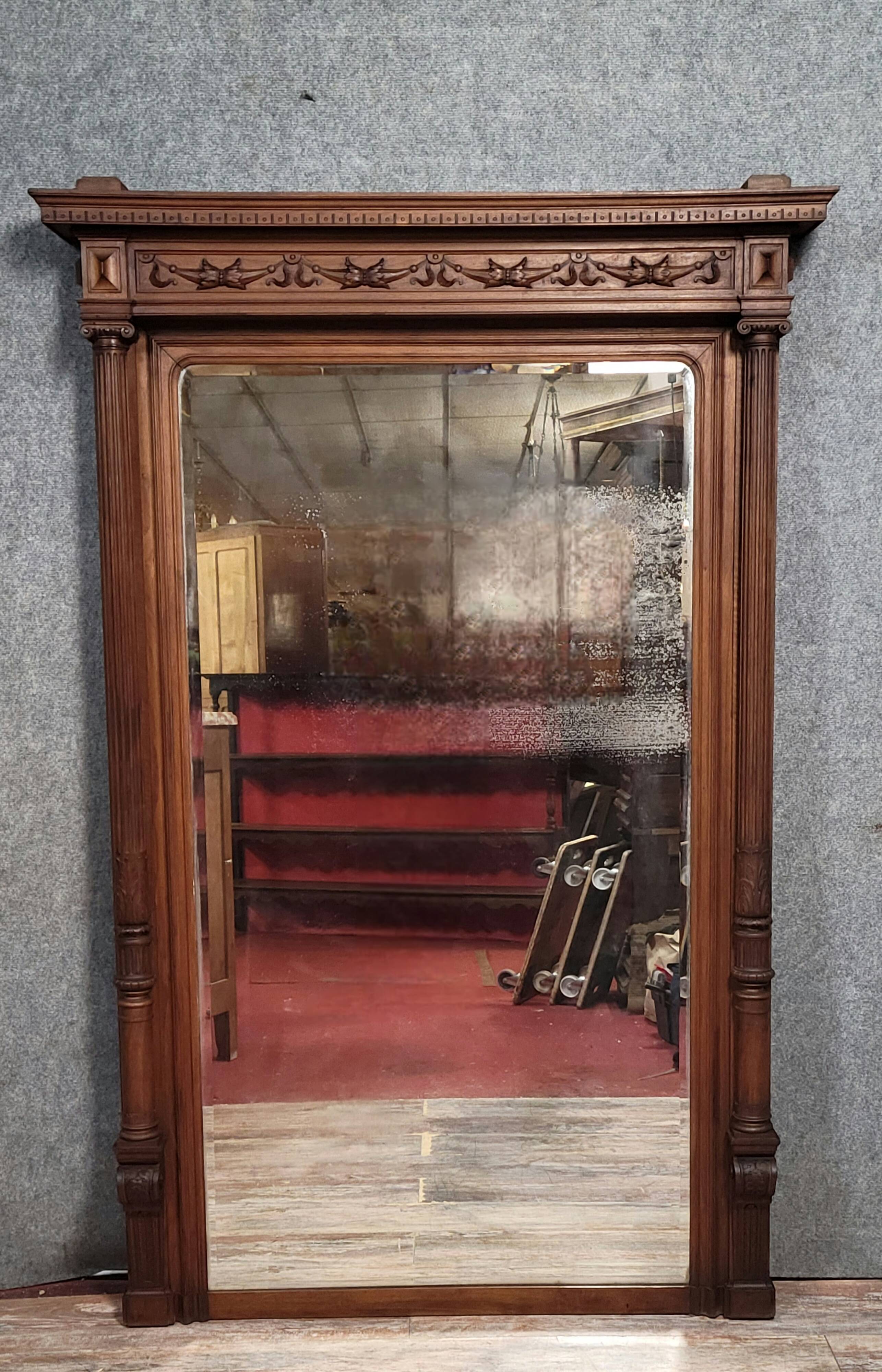 Important Renaissance style walnut mirror / Height 183 cm