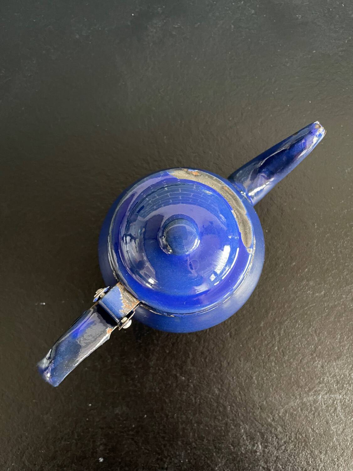 Mini blue enamelled sheet metal teapot