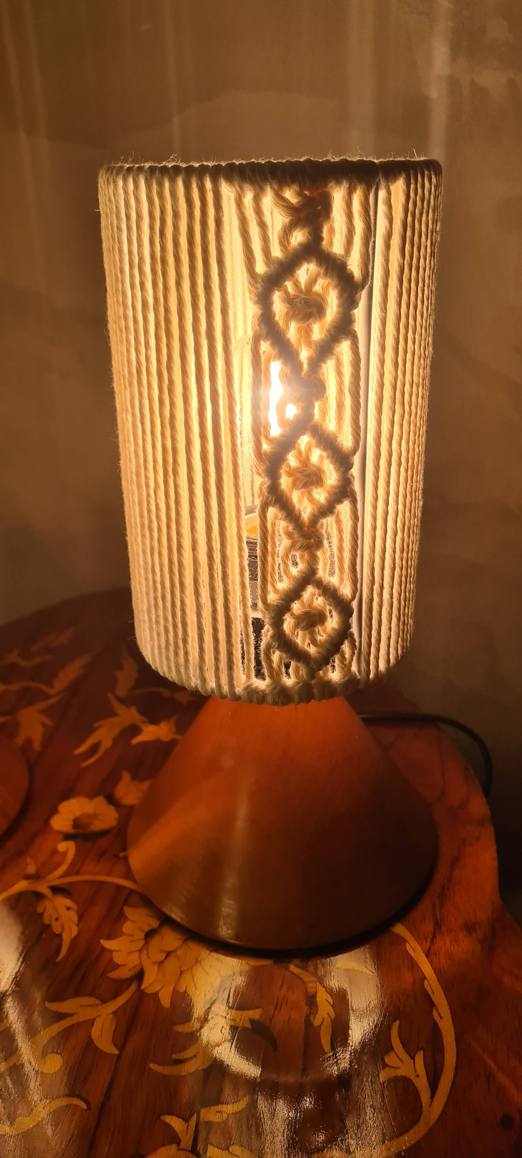 pair of Scandinavian conical wooden lamps with braided cord lampshade 28x12