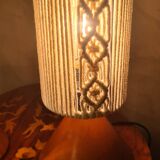 pair of Scandinavian conical wooden lamps with braided cord lampshade 28x12