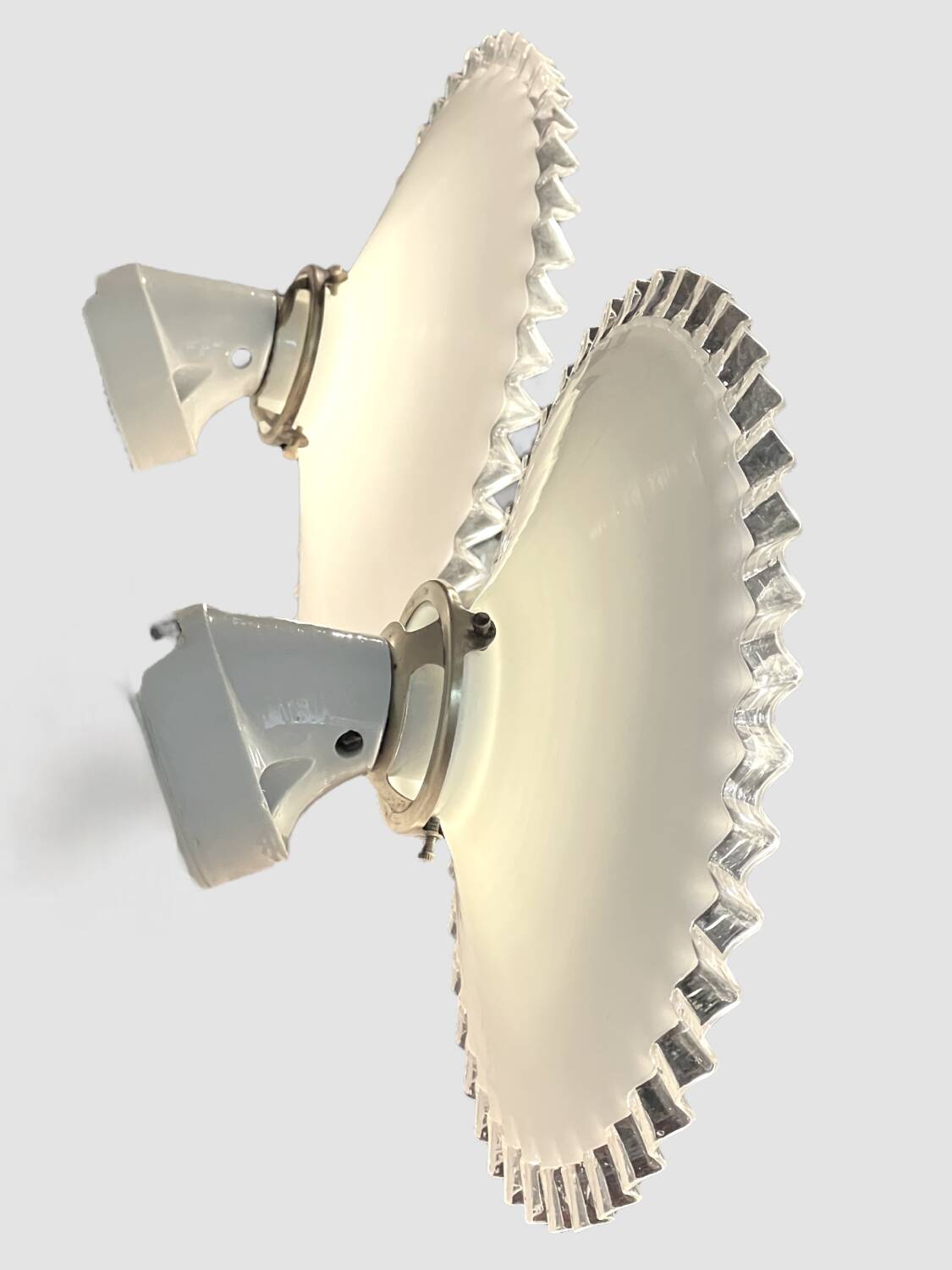 Pair of Art Deco wall sconces in scalloped opaline glass and porcelain