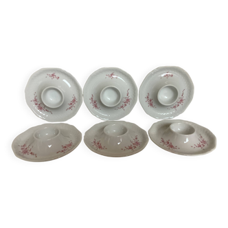 Six egg cups with toile de Jouy flowers