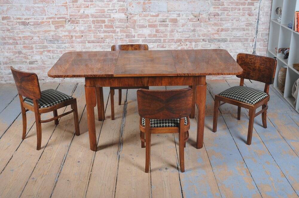 Art Deco Dining Set in Beech, Spruce and Walnut Veneer, Czech, 1920s, Set of 5