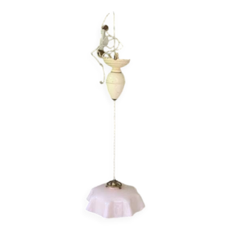 Chandelier, suspension in pink opaline and white interior, complete with pendulum, counterweight,