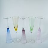 set of 5 colored glass champagne flutes Design 1970