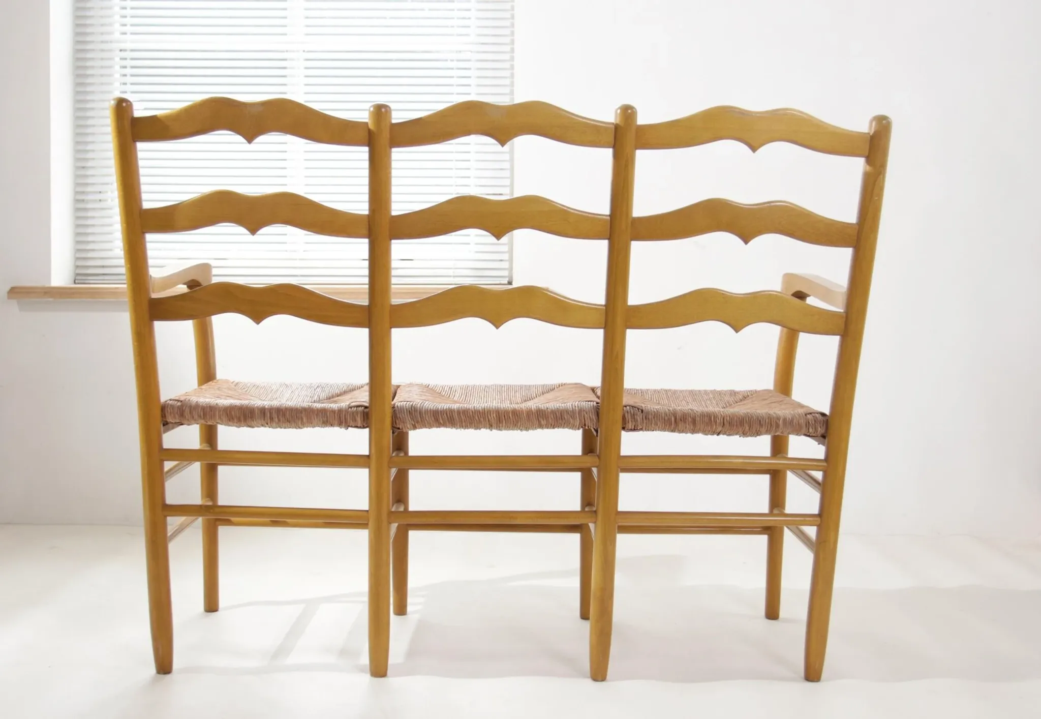 Beech three-seater bench with rush seat – 1960s