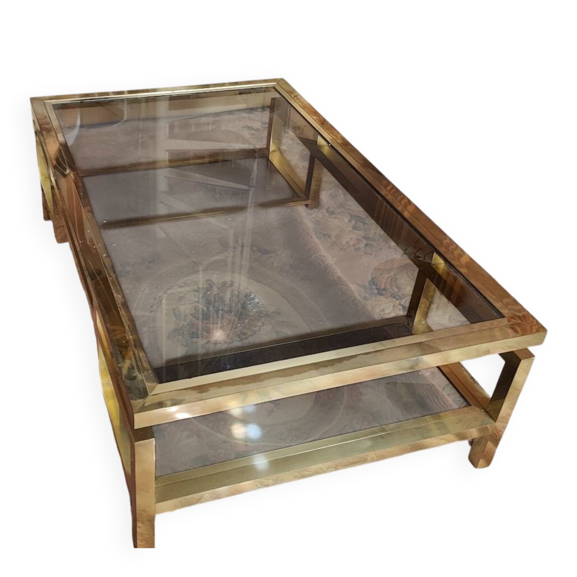 Brass Coffee Table with Smoked Glass Tops. French Work of
