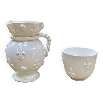 Pitcher and its glass in white earthenware from Malicorne