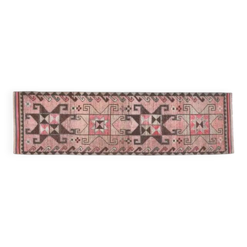 Tapis de couloir vintage turc Oushak fait à la main en laine rose et marron