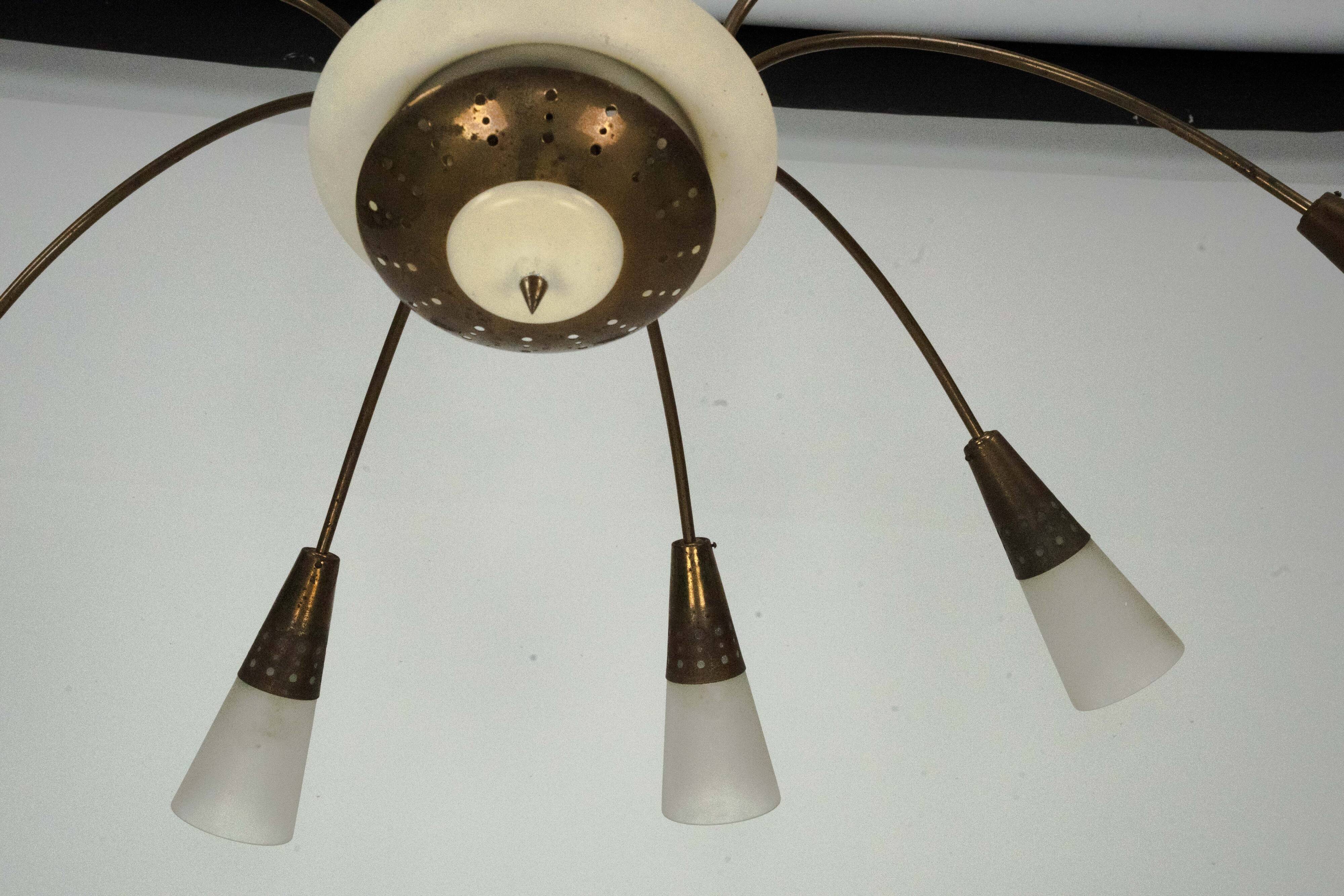 Large Italian Mid-Century Sputnik Brass Chandelier with Satin Glass, 1950s
