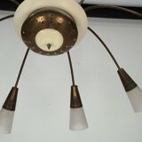 Large Italian Mid-Century Sputnik Brass Chandelier with Satin Glass, 1950s