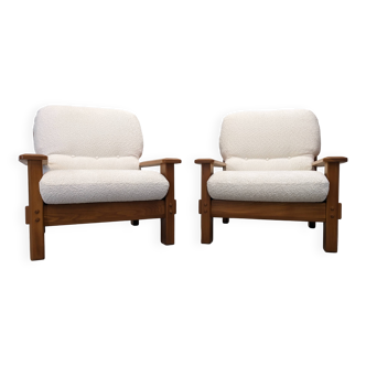 Pair of modernist armchairs in solid elm from the 60s/70s