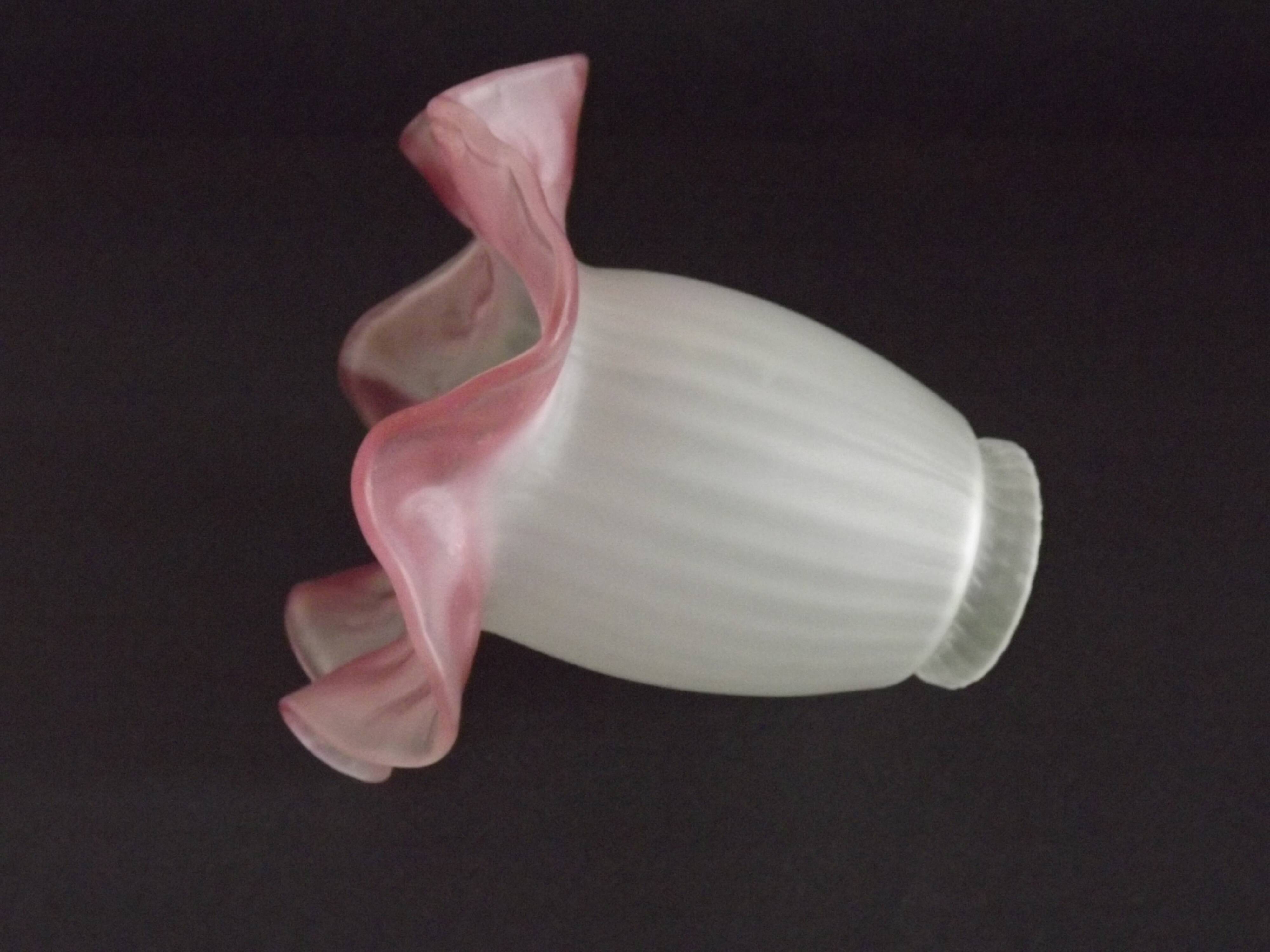 Set of 3 White Opaque Glass Shades With Ribbed Detail Pink Frilled Edge