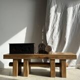 Solid wood bench with openwork base crossed by a cylinder - Mango wood