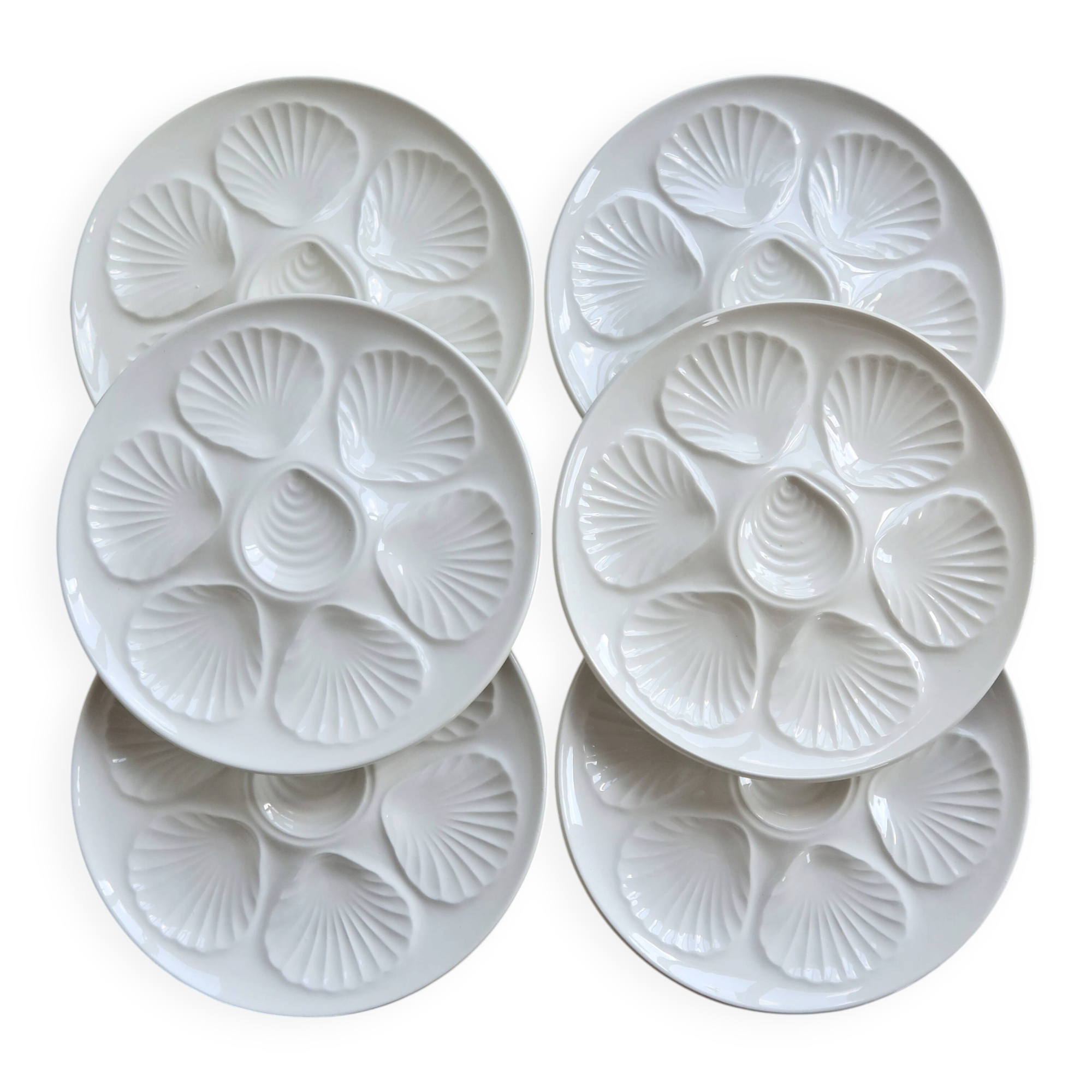 6 vintage white earthenware oyster plates