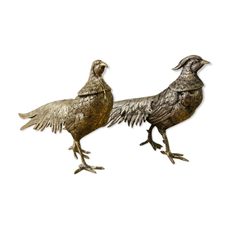 Couple de faisants en métal argenté