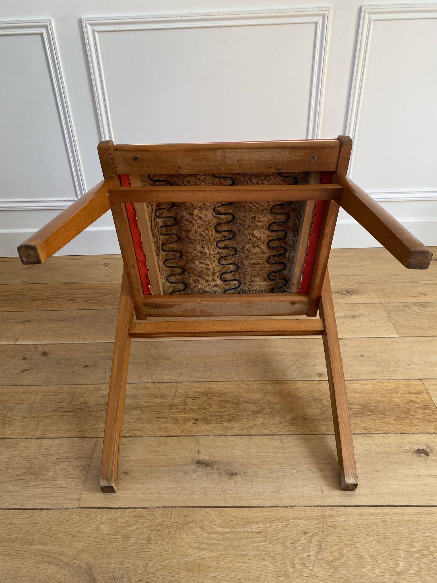 Vintage armchair from the 50s/60s – wood & red faux leather – Scandinavian style