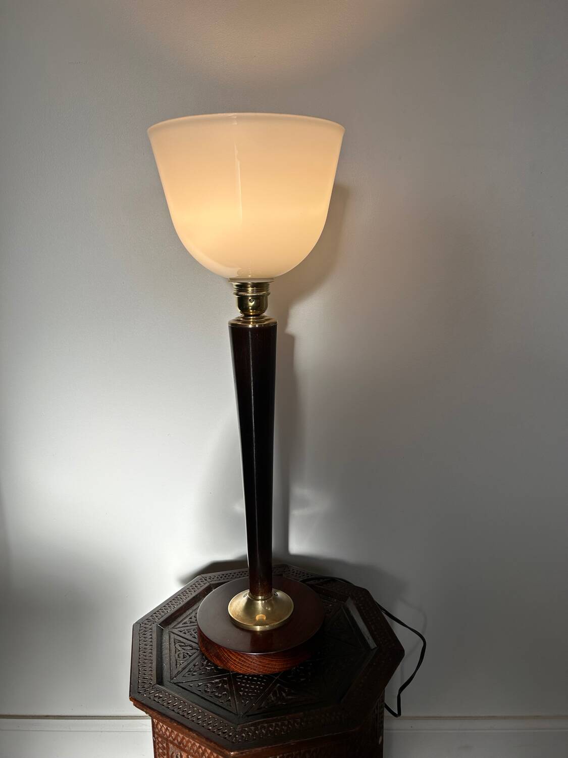 Art Deco lamp made of wood, brass, and opaline.