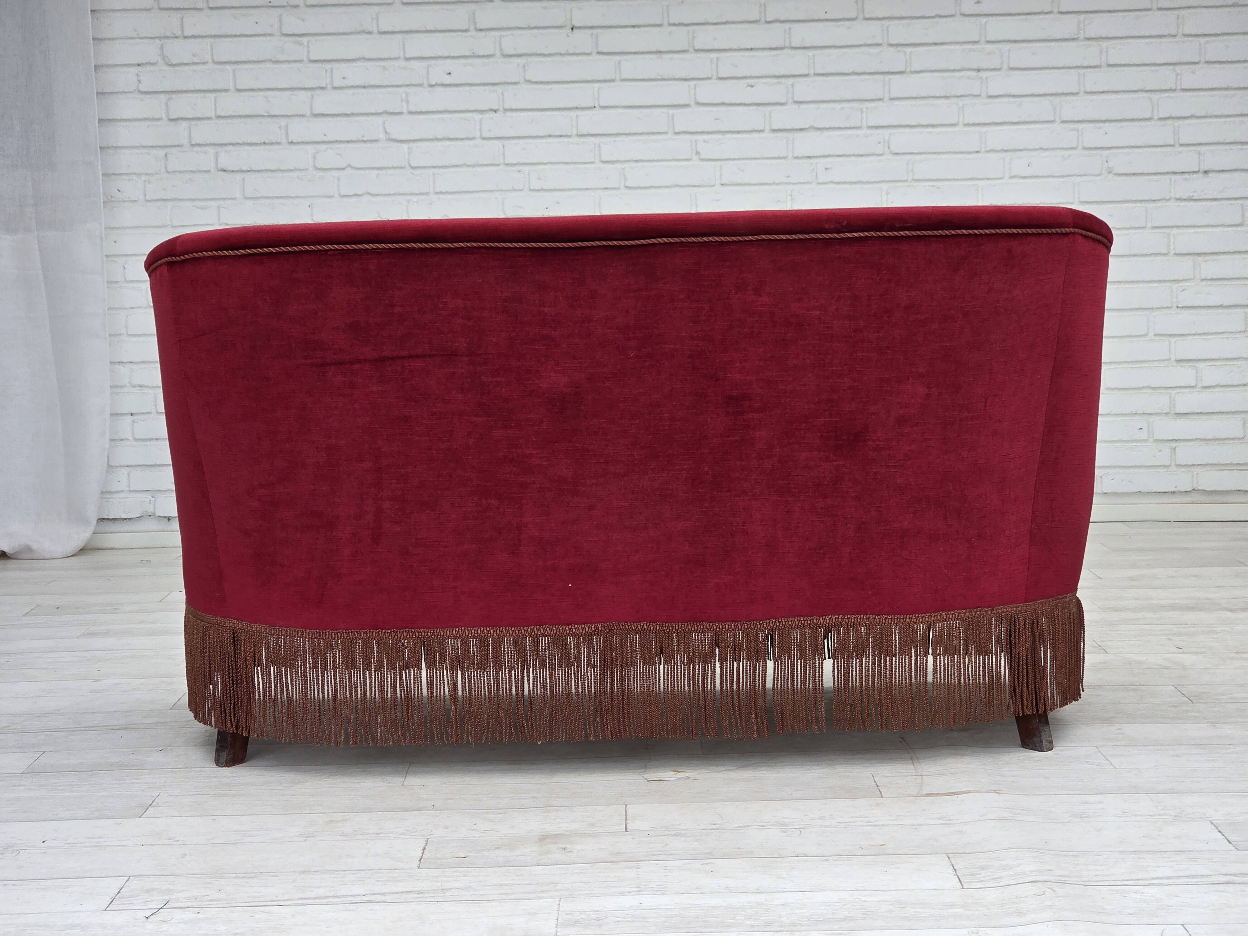 1960s, Danish 2-seater sofa, red furniture velour, ash wood legs.