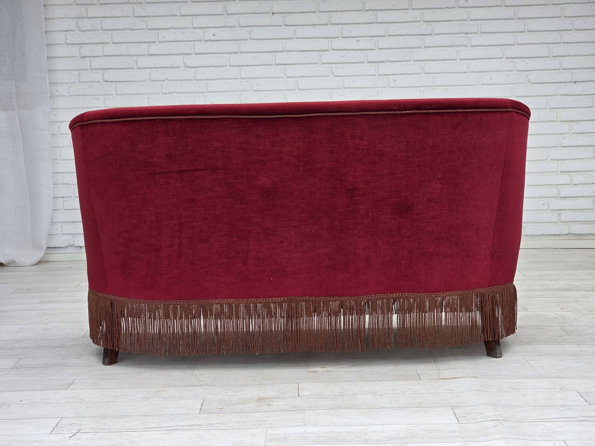 1960s, Danish 2-seater sofa, red furniture velour, ash wood legs.