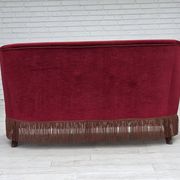 1960s, Danish 2-seater sofa, red furniture velour, ash wood legs.
