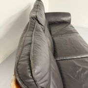 Vintage black leather Dreipunkt Scala design 3-seater sofa in teak.