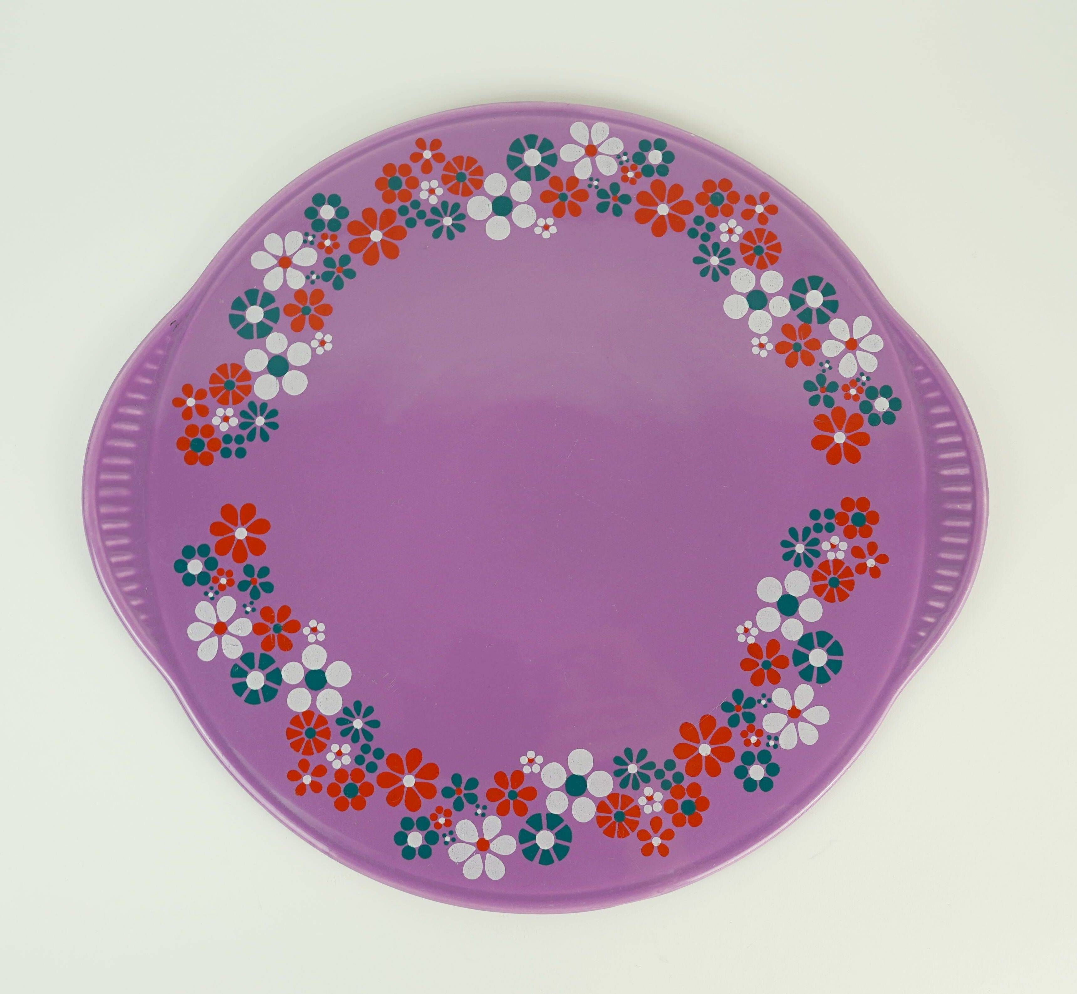 1970s CAKE PLATE staffel-keramik purple glaze with flower decor