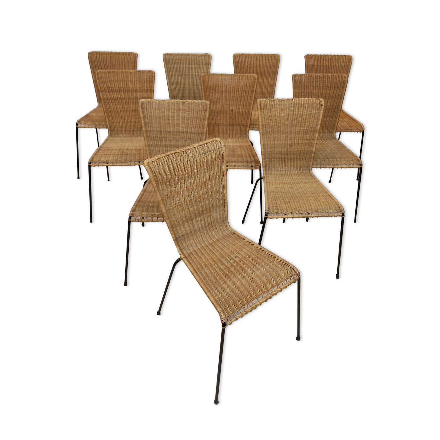 Lot de 10 chaises vintage osier et métal